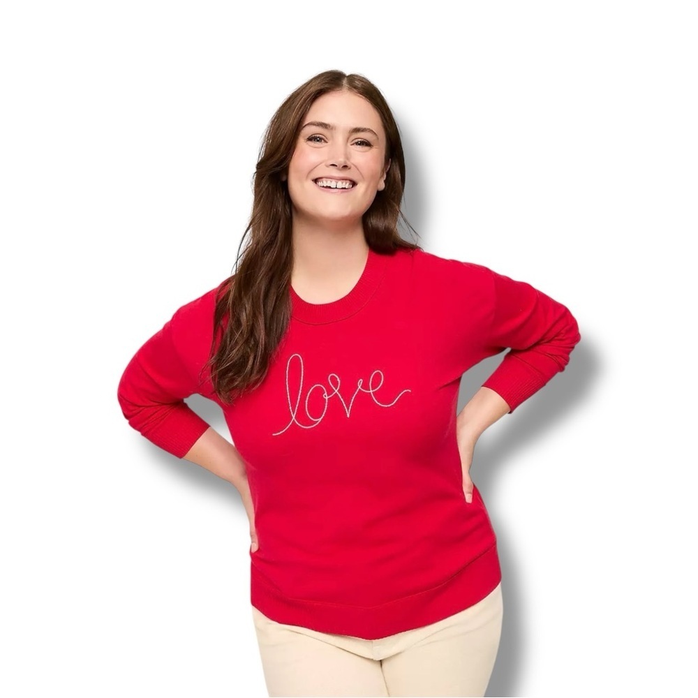 NWT LANE BRYANT Embroidered Crew-Neck Sweater Top - “LOVE” Red 14/16